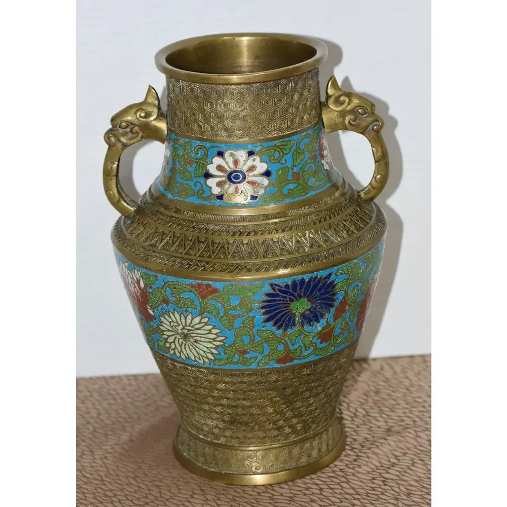 Japanese Brass Champlevé Cloisonné Urn-Form with Handles Converted Lamp Vase